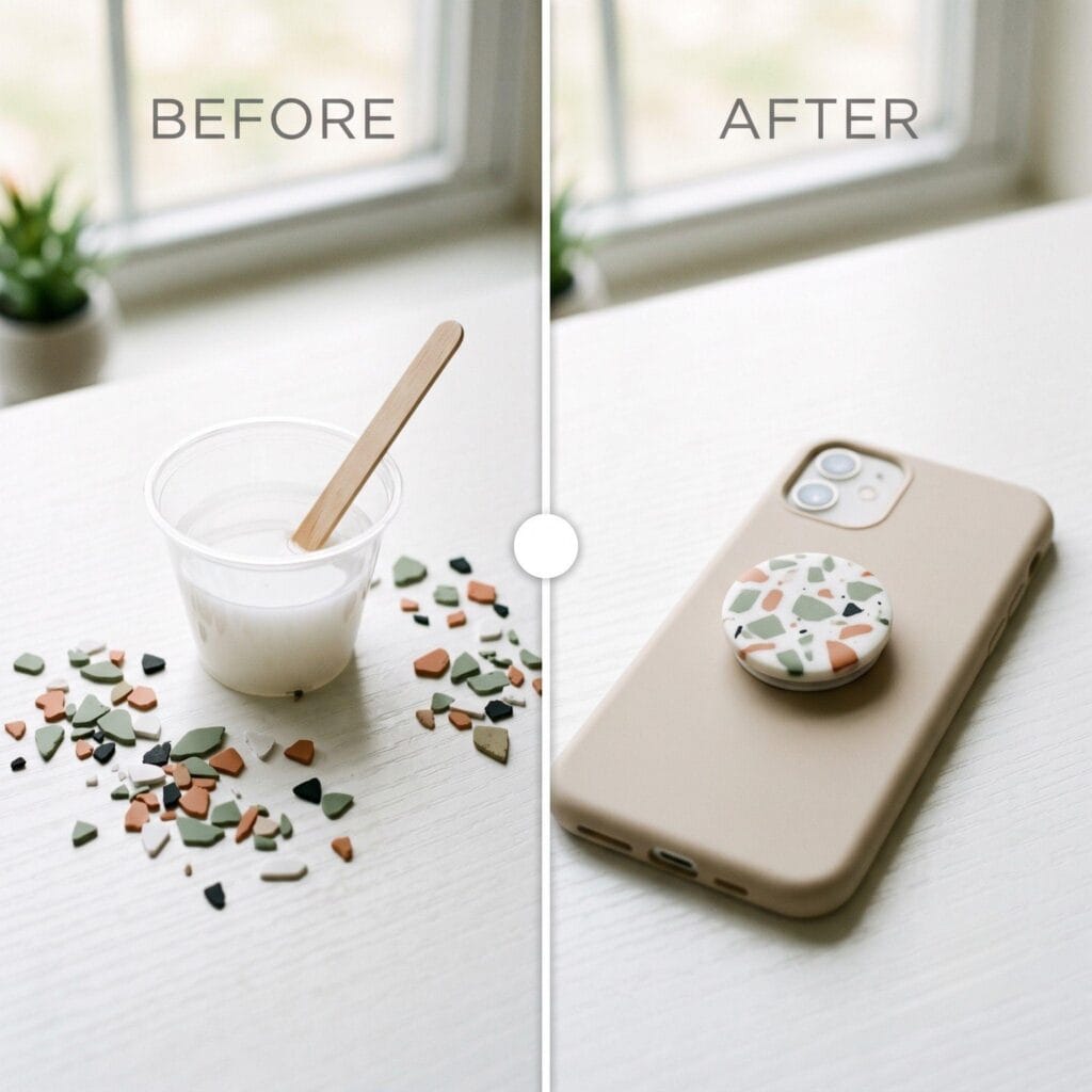 A before and after split-screen showing a mixing cup of white resin and matte acrylic flakes on the left, and a modern Scandinavian terrazzo DIY resin phone grip on a beige phone case on the right.