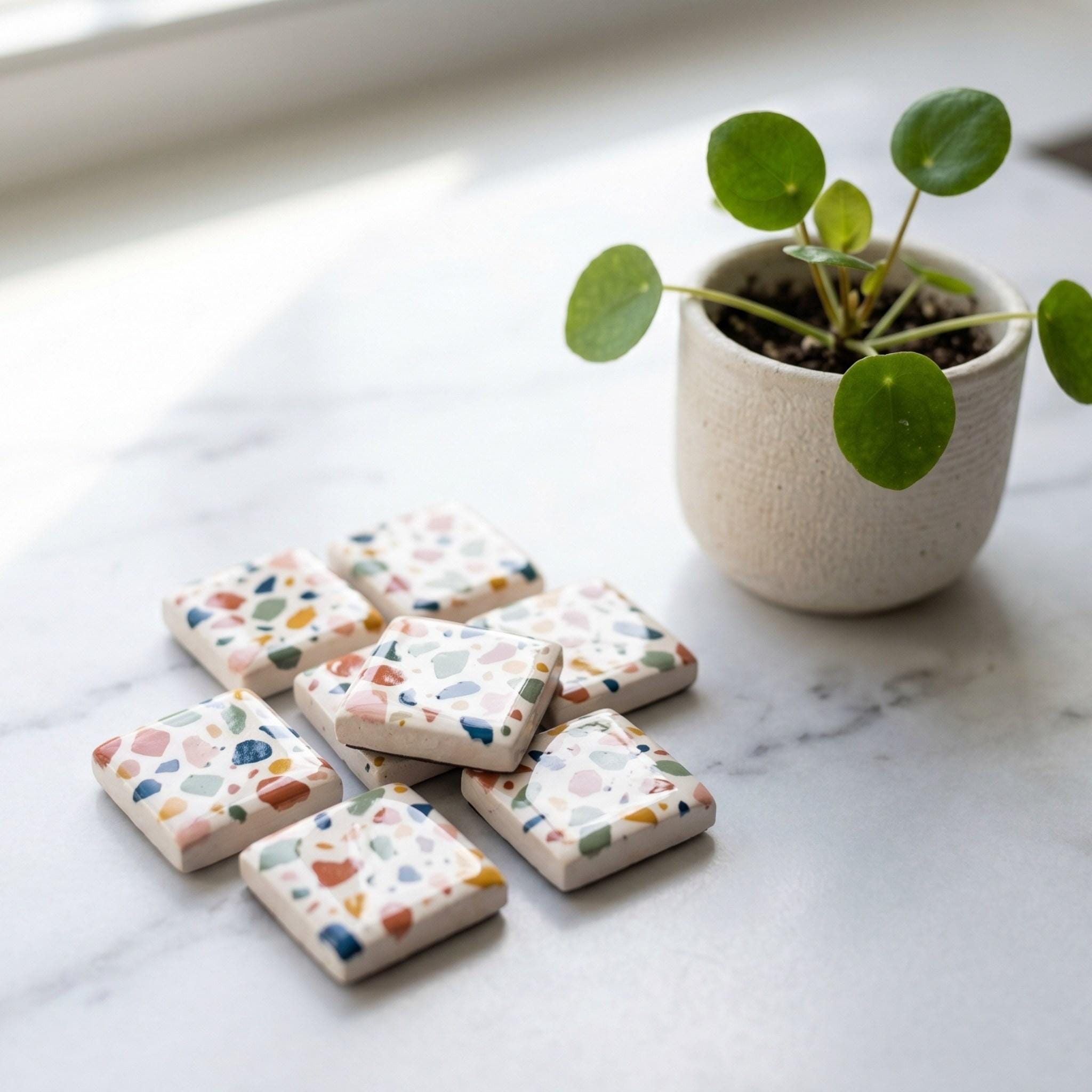 Small square clay magnets painted with colorful irregular terrazzo specks and finished with a clear glossy varnish.