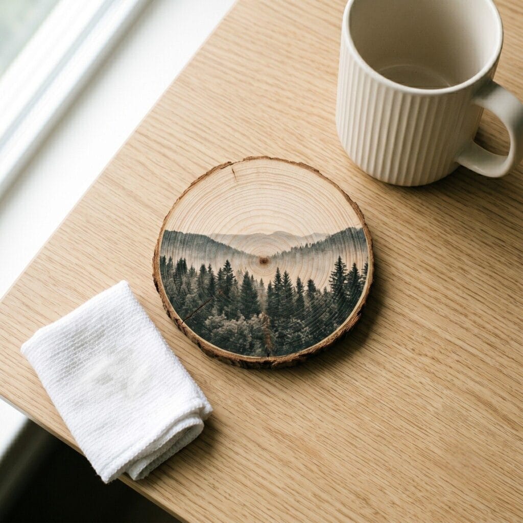 A raw wood slice coaster with a transferred misty pine forest landscape photo, resting on a clean light oak table next to a ribbed coffee mug and a damp washcloth.