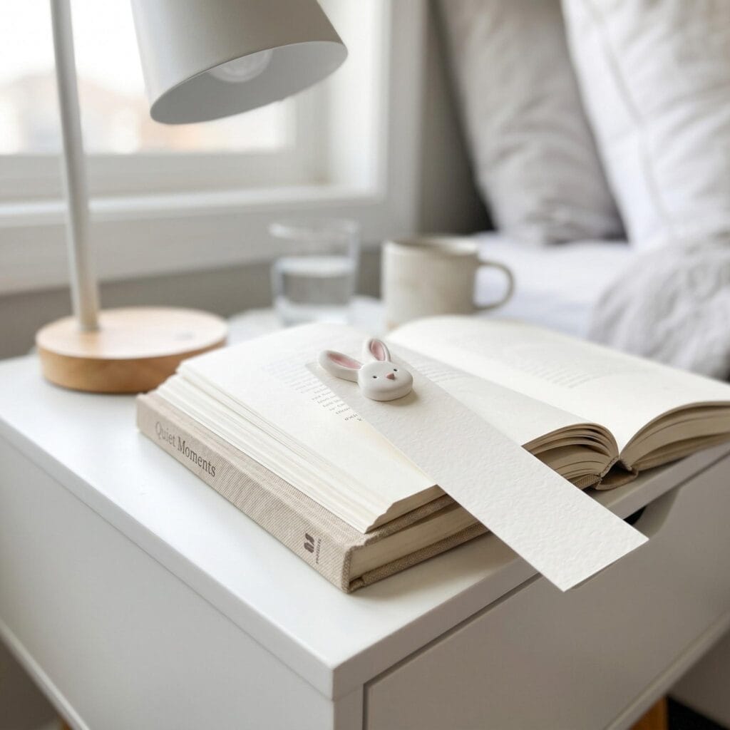 A minimalist white bunny polymer clay bookmark sitting on a sleek modern bedside table.