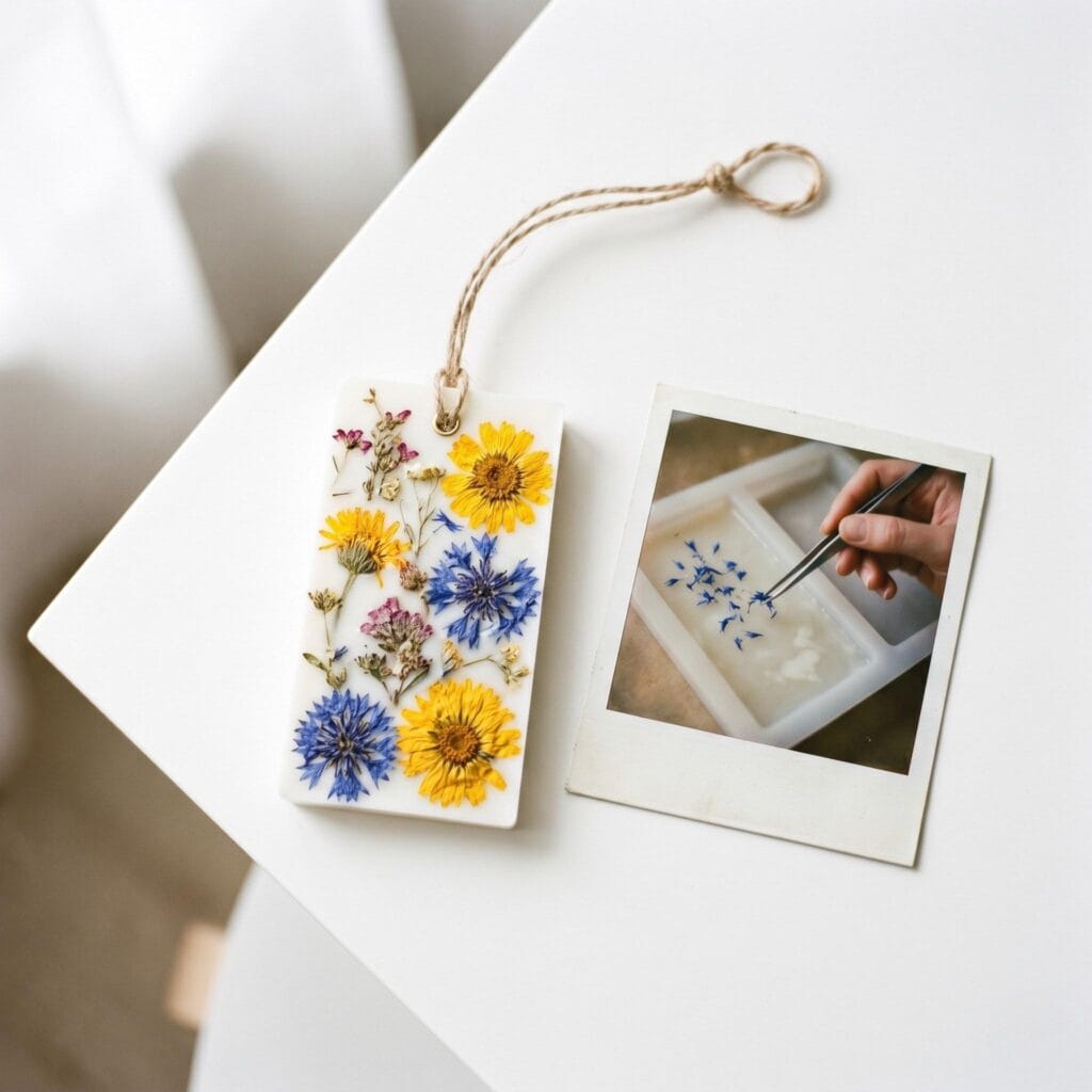 A white wax sachet with colorful wildflowers on a white table next to a polaroid showing a hand scattering petals into a mold.