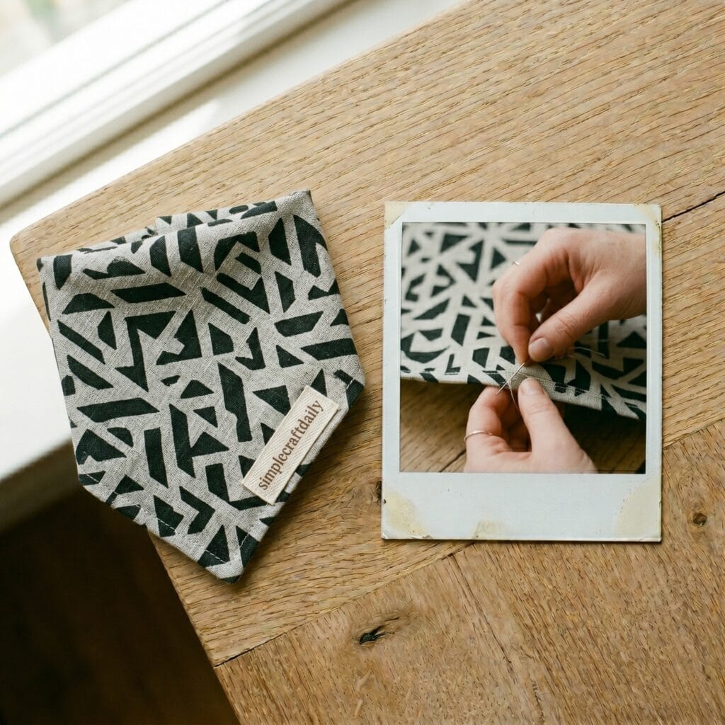 A geometric patterned dog bandana with a simplecraftdaily woven label next to a vintage polaroid showing a single hand stitching the fabric hem with a needle.
