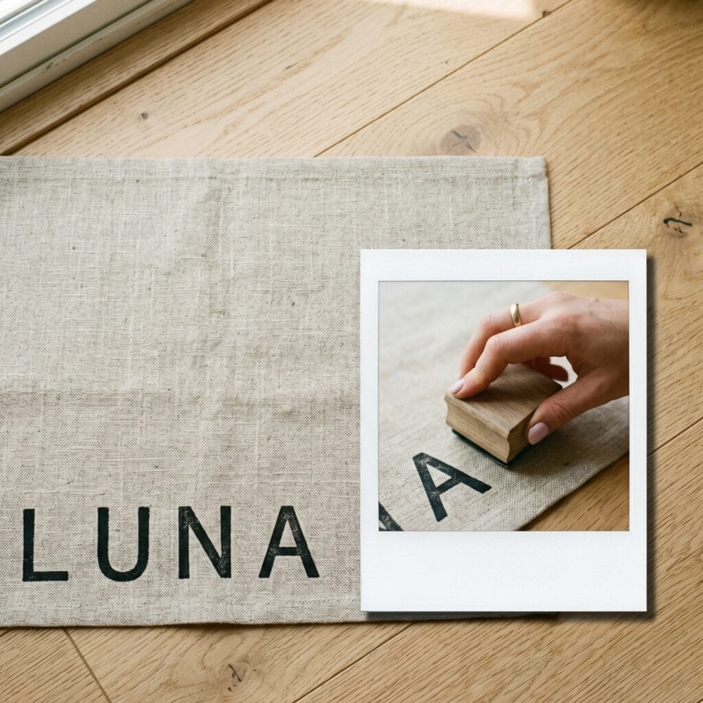 A heavy natural linen pet food mat with the name LUNA stamped in black fabric ink next to a polaroid photo capturing a hand stamping letters onto fabric.