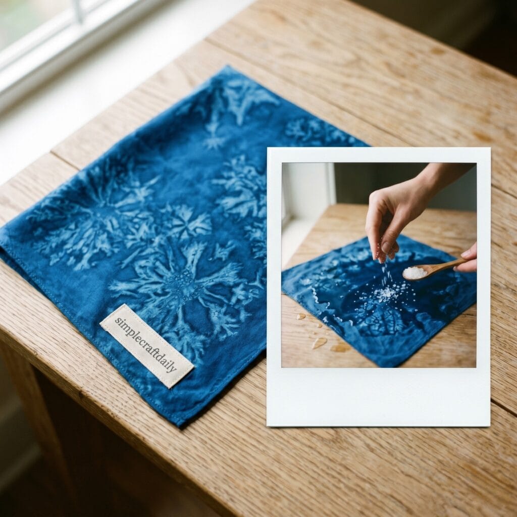 A rich blue silk bandana featuring star-like salt textures on a table next to a polaroid photo showing a single hand scrambling coarse sea salt over wet blue fabric.