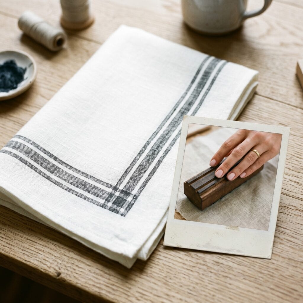 A crisp white linen dining napkin featuring a vintage farmhouse style charcoal stripe border pattern resting on a light oak table beside a polaroid photo showing a long rectangular stamp action