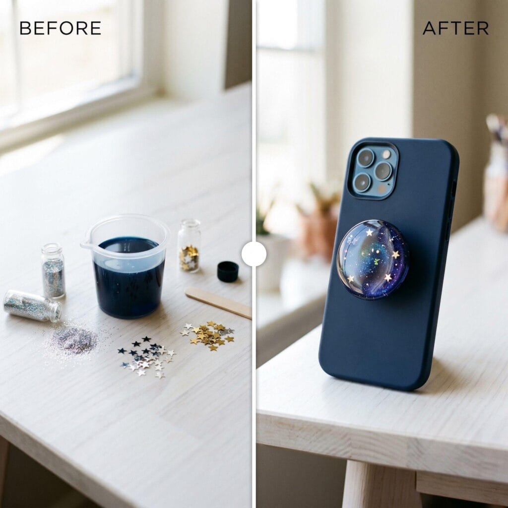 A split-screen before and after showing navy blue resin and holographic star glitter on the left, and a finished glossy galaxy DIY resin phone grip on a dark phone case on the right.