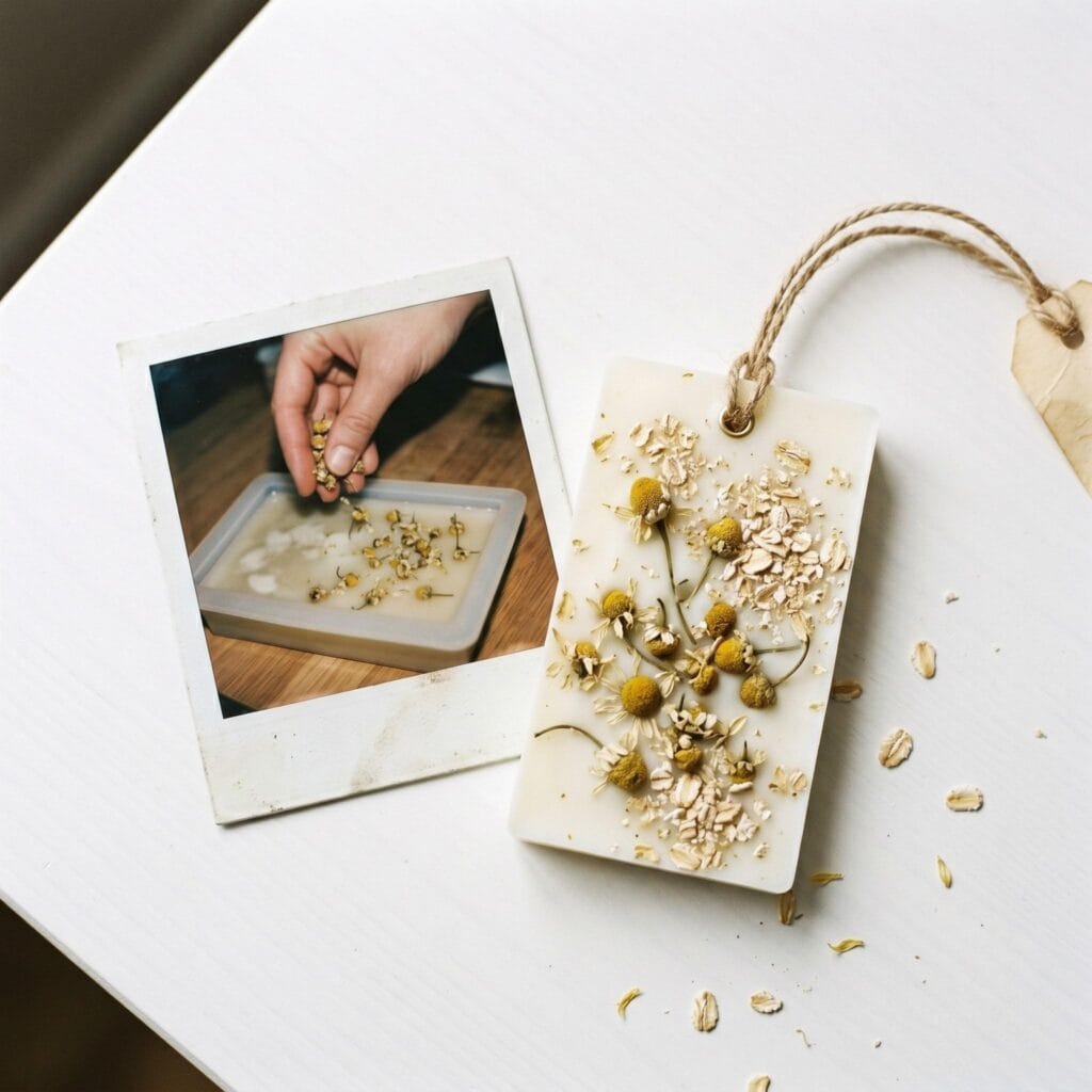 A rustic chamomile wax sachet on a modern white table next to a polaroid showing a hand sprinkling flowers into a silicone mold.