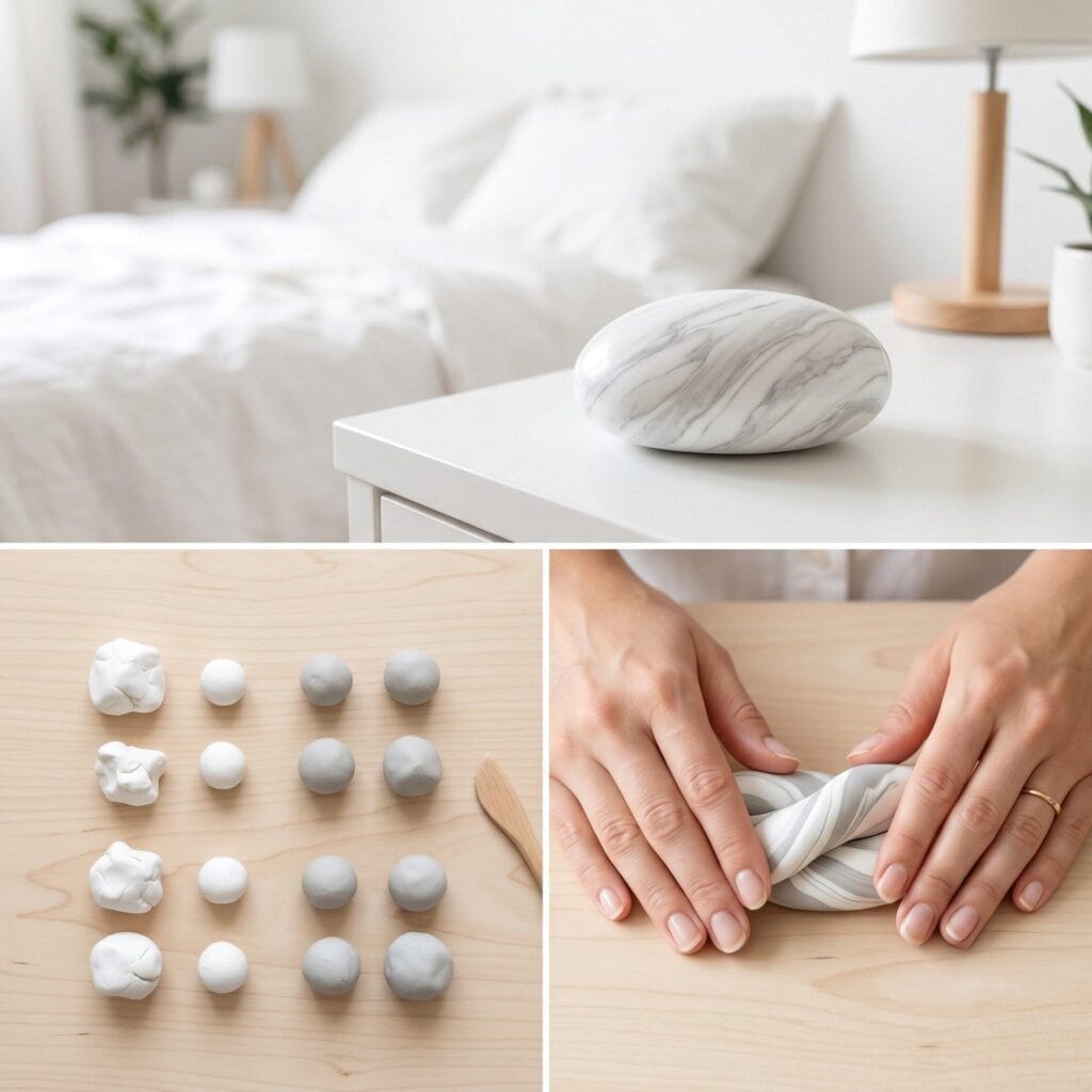 Luxurious faux-marble clay diffuser stone in the shape of a smooth river pebble with white and grey streaks.