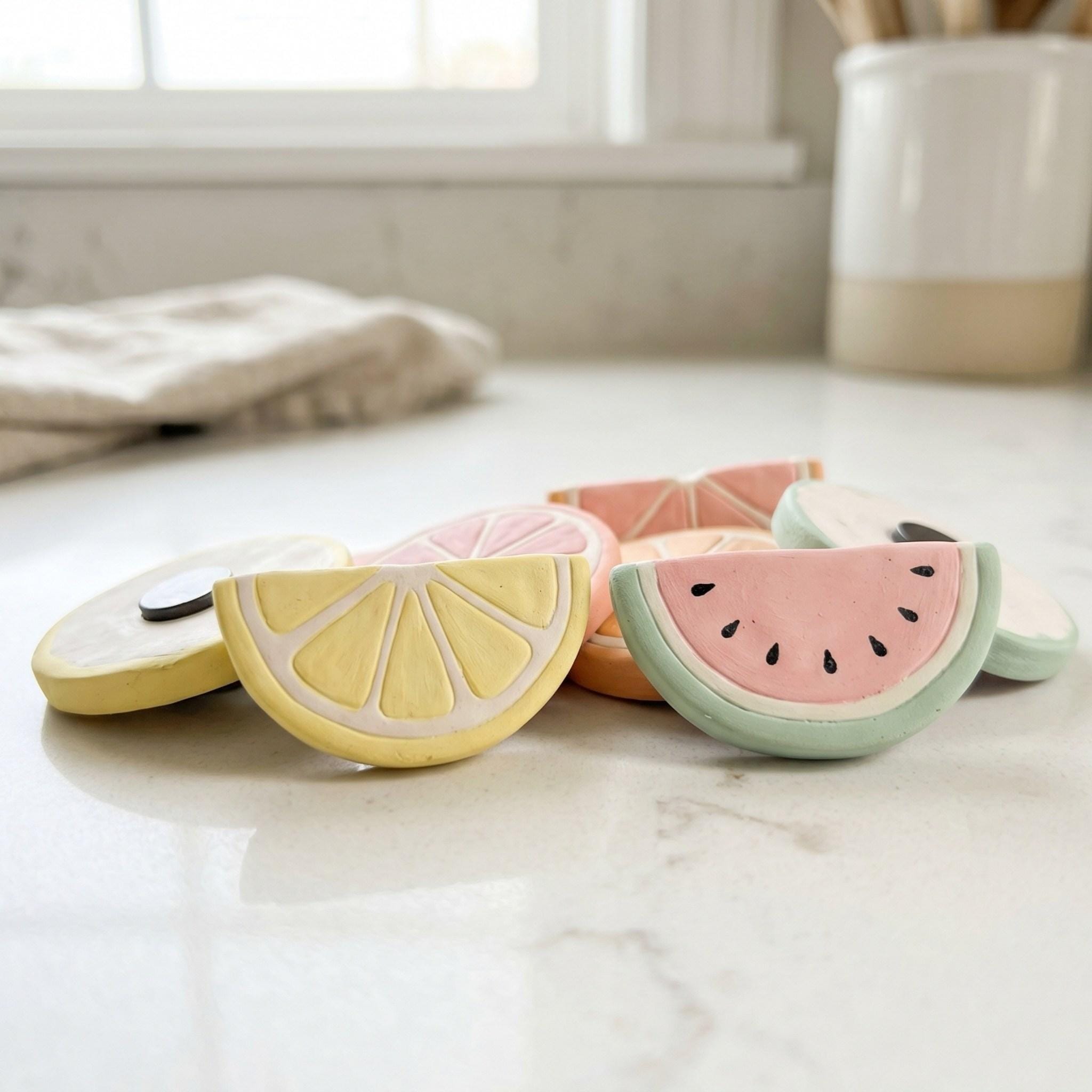 A high-end close up product shot of cute handmade clay magnets shaped like bright pastel lemon and watermelon slices.