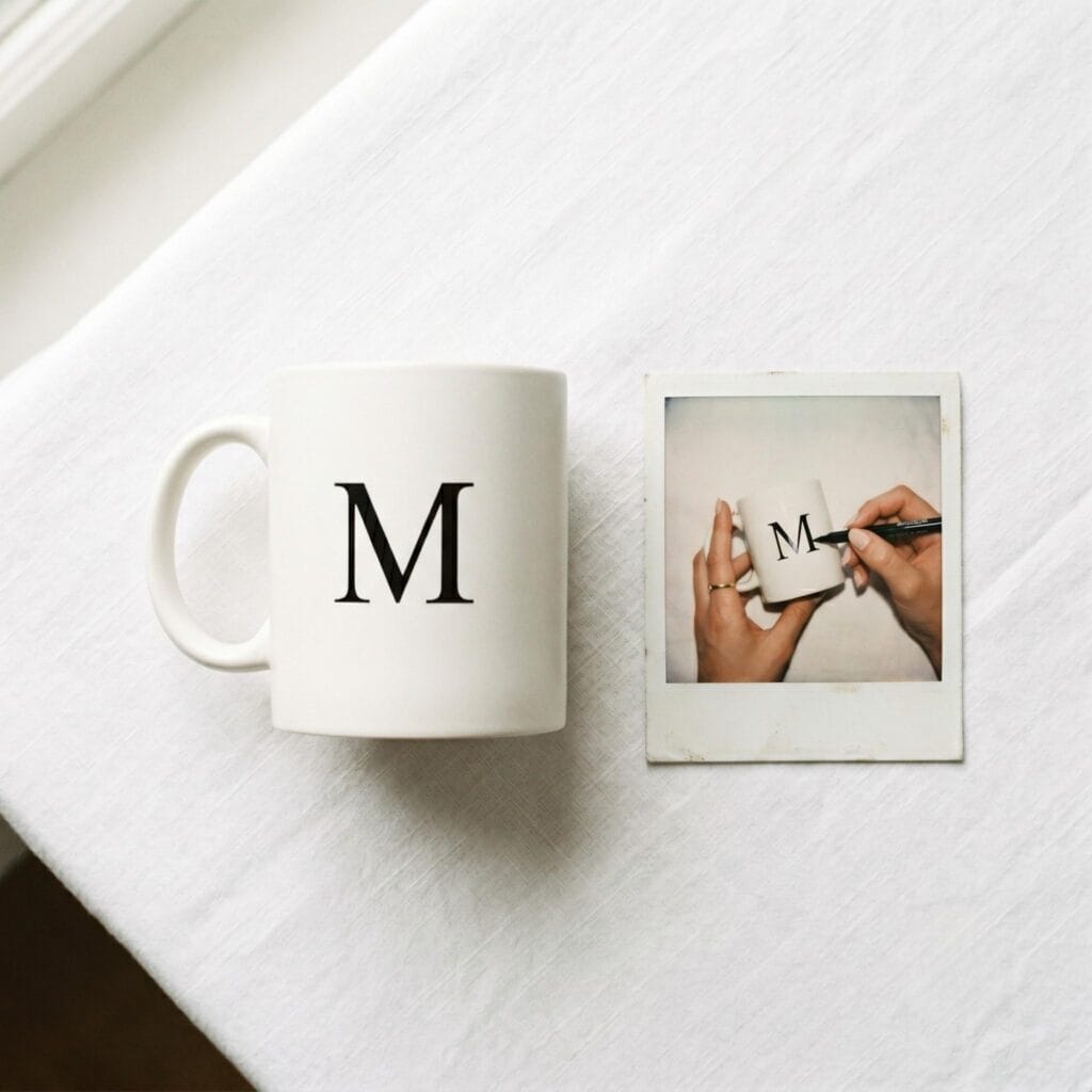A white ceramic mug featuring a large elegant black serif initial letter on a white table next to a polaroid showing a hand drawing the letter.