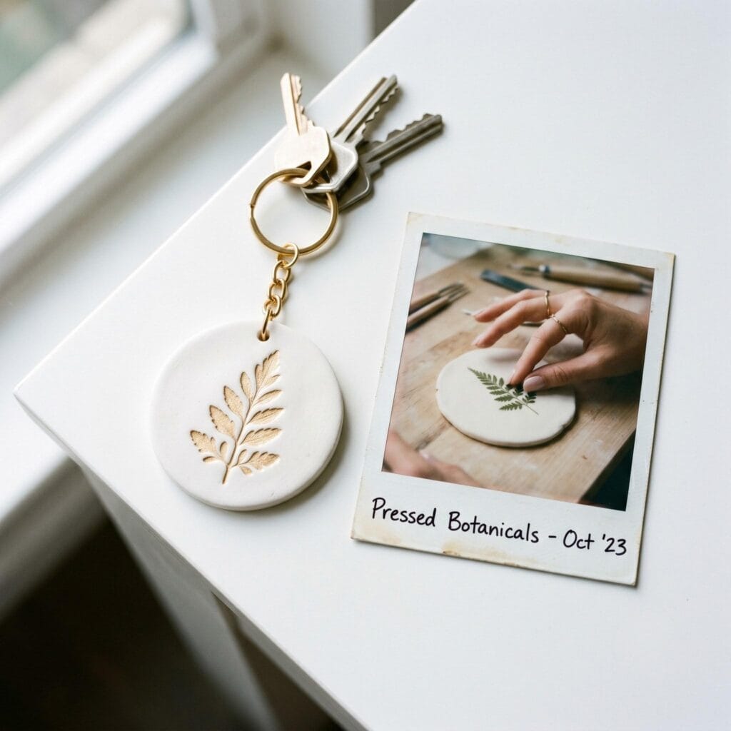 A white round clay disc keychain with a gold painted leaf stamp on a white table next to a polaroid showing a hand pressing a leaf into clay.