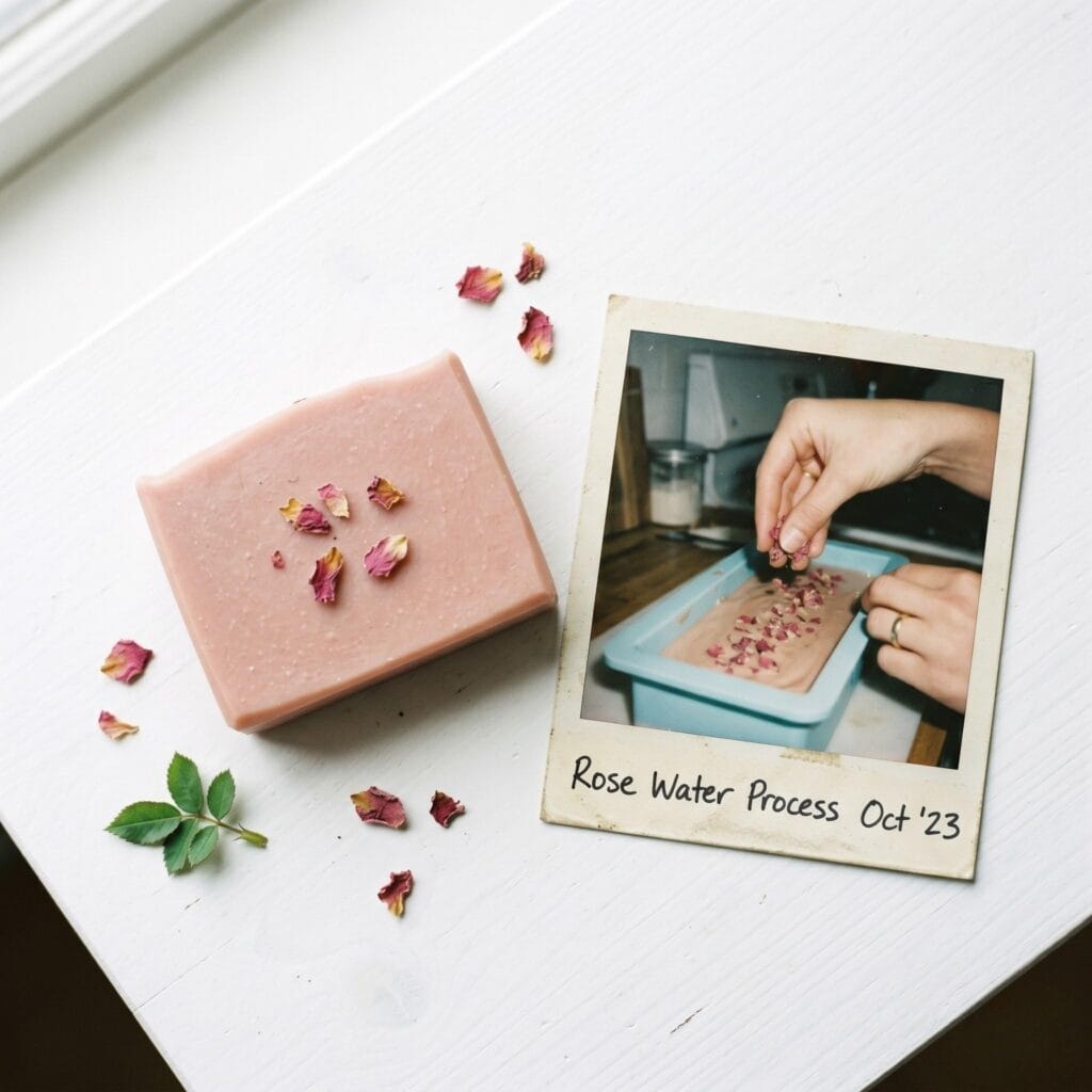 A soft pink clay soap bar with dried rose petals on a white table next to a polaroid showing a hand sprinkling petals onto cooling soap.