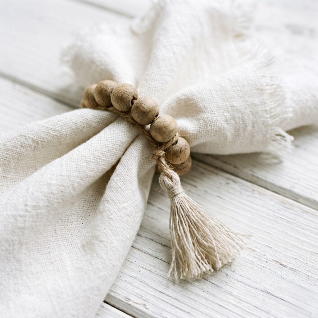 A close-up view of a completed rustic wooden bead napkin ring with a handmade linen tassel detail, flat lay on a raw fabric napkin.