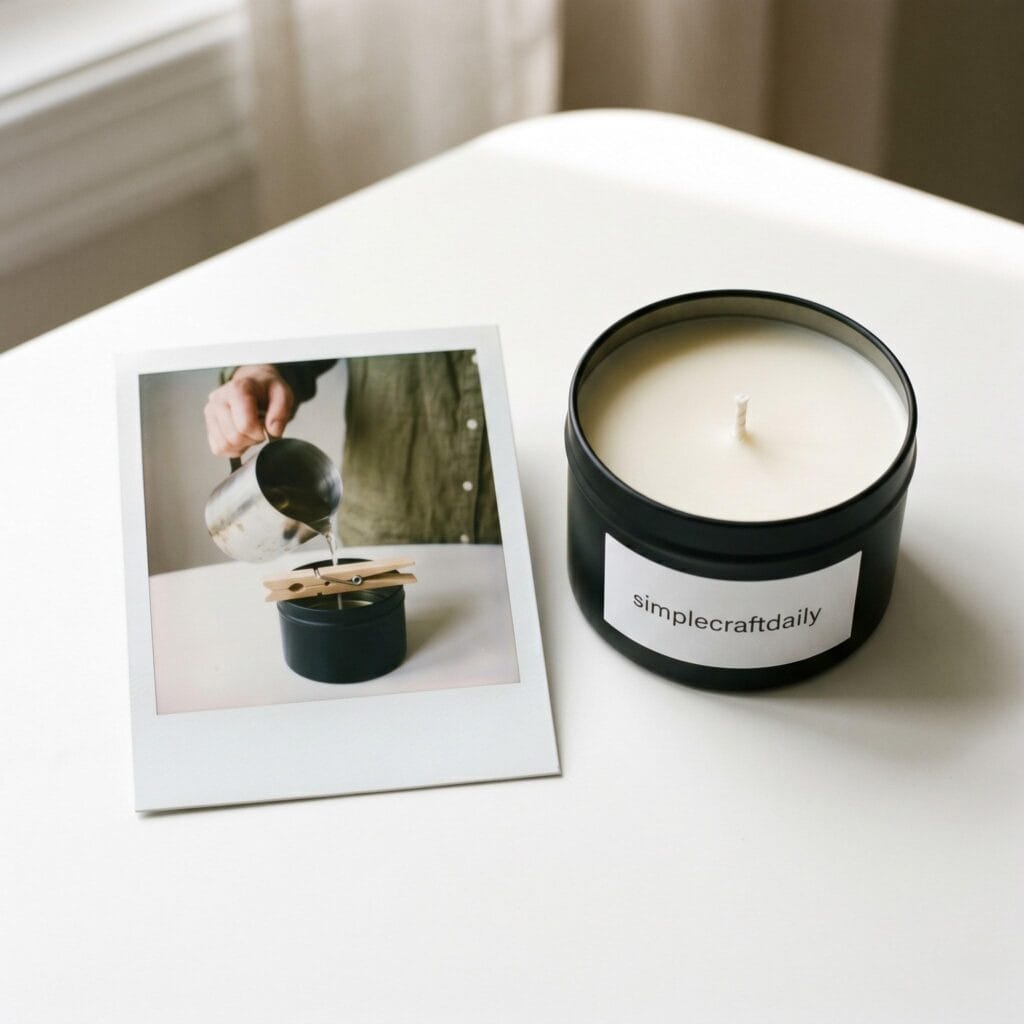 A black metal tin candle on a modern white table next to a polaroid showing a hand pouring hot wax into a tin while a clothespin holds the wick straight.