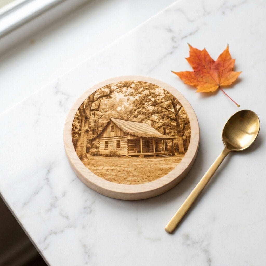 A smooth light birch wood slice coaster on a bright white marble countertop, featuring a faded sepia-toned rustic cabin photo and a clean autumn maple leaf.