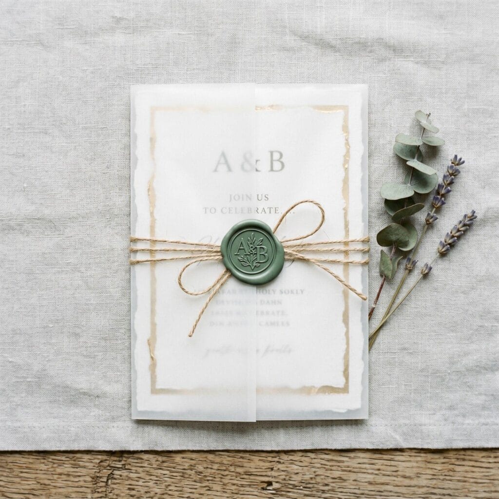 An elegant custom wax seal securely stamped over a twine knot, holding together an envelope wrapped in translucent vellum paper.