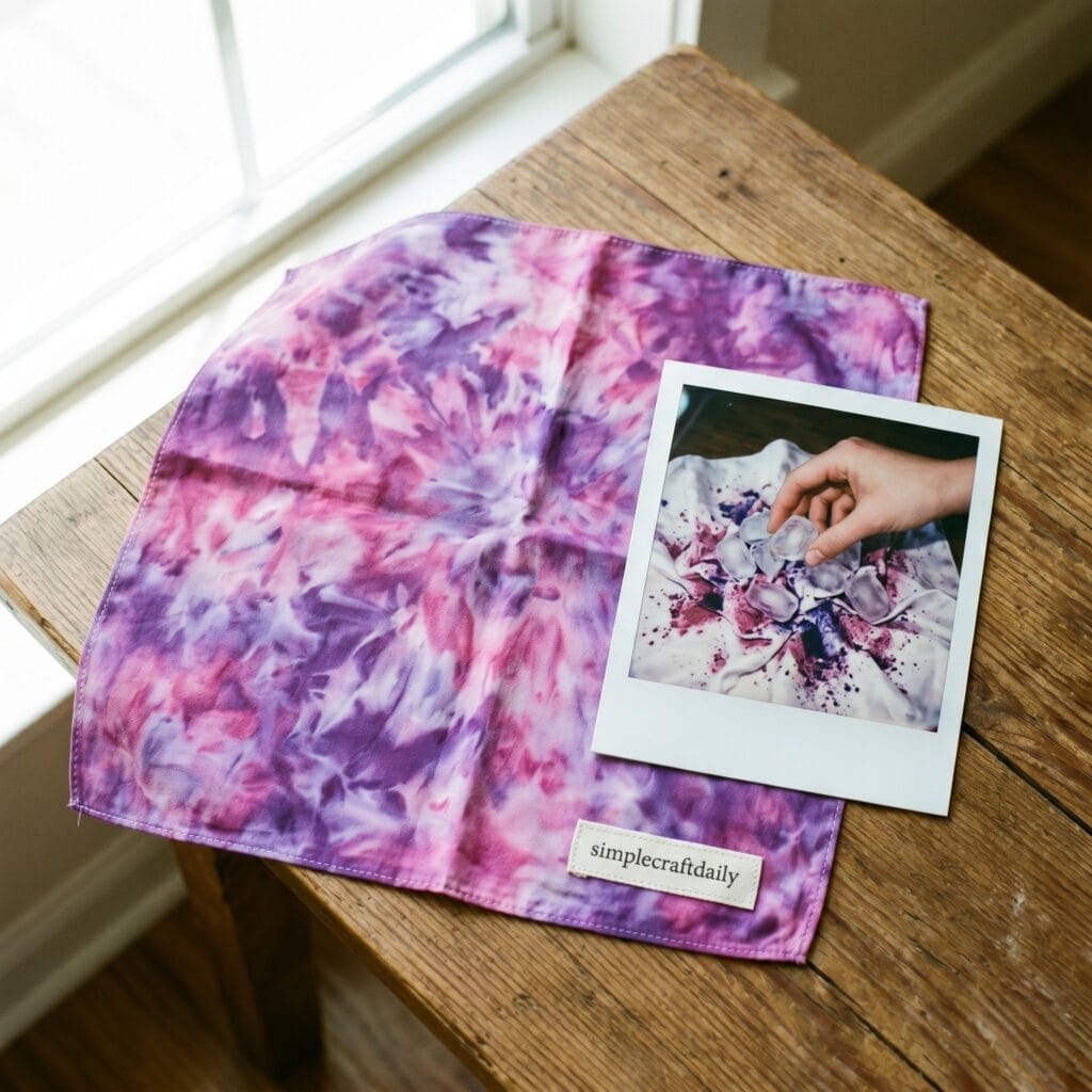 A purple and pink ice-dyed silk bandana with a woven brand label next to a vintage polaroid photo showing a hand placing clear ice cubes over crumpled fabric.