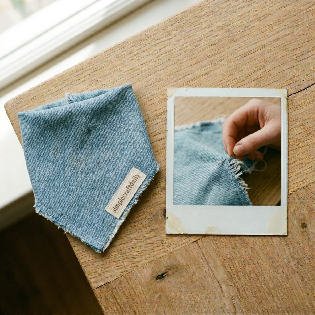 A light blue frayed denim dog bandana on a wooden table next to a polaroid photo showing a single hand gently pulling edge threads with a needle.