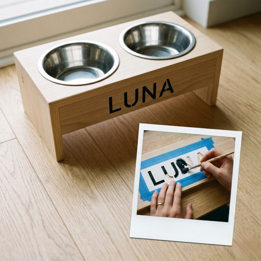 A minimalist elevated wooden dog feeding station with stainless steel bowls and a stenciled name next to a polaroid showing a hand painting a stencil.