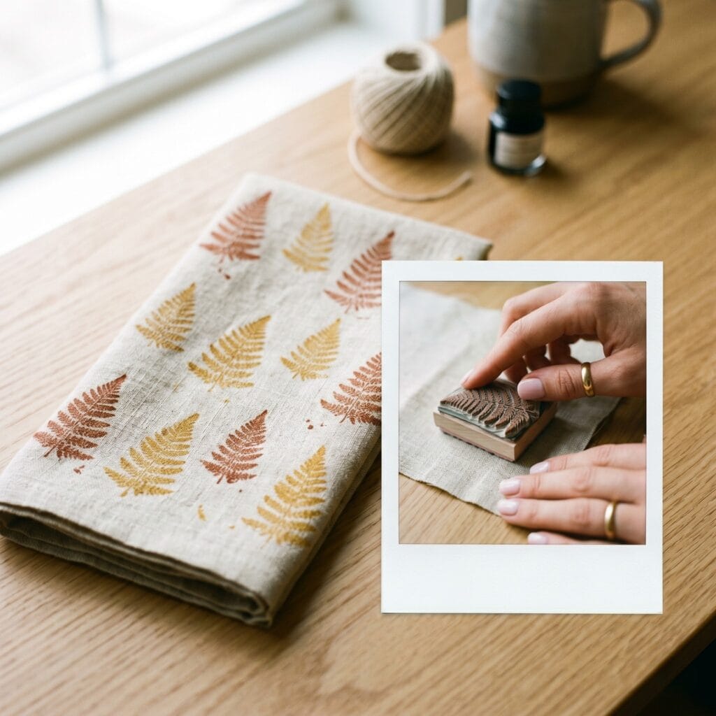A beautifully folded autumn themed linen napkin covered in tiny rust and mustard yellow botanical fern leaf prints next to a physical polaroid snapshot capturing a detailed hand stamping process