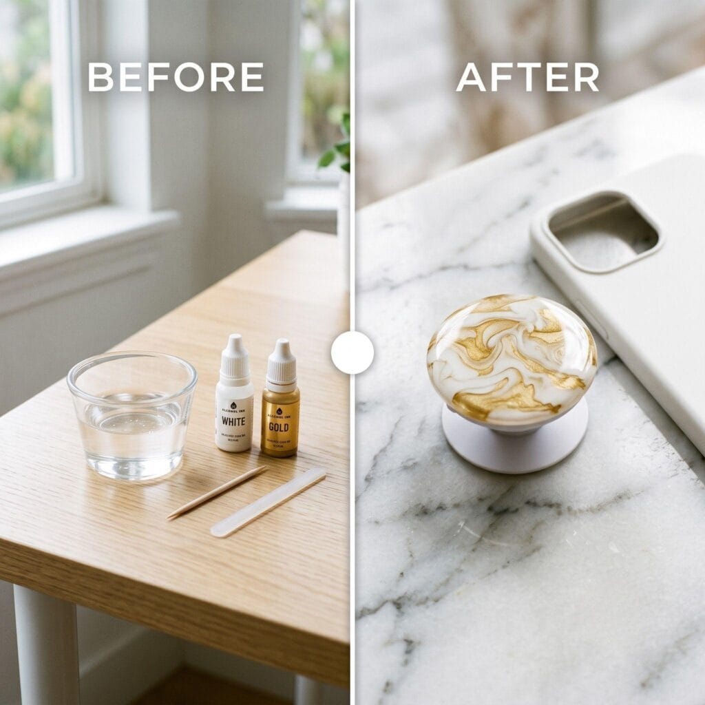 A before and after split-screen showing clear resin and alcohol ink bottles on the left, and a luxurious white and gold fluid marble DIY resin phone grip on the right.