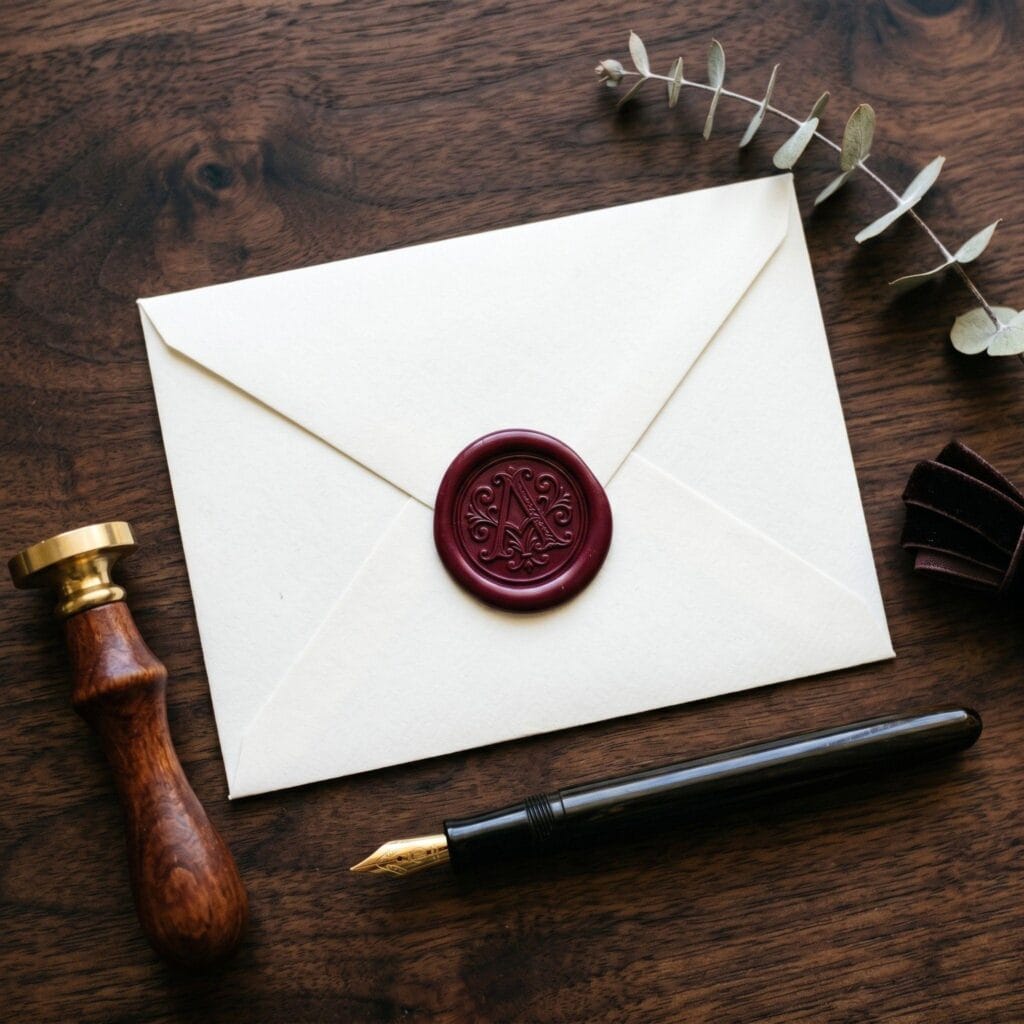 A classic vintage monogram custom wax seal made of deep burgundy wax, placed on a thick off-white textured envelope.