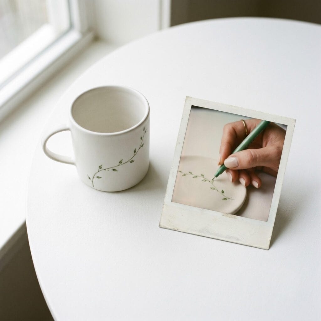A white ceramic mug featuring a delicate botanical vine with tiny green leaves on a white table next to a polaroid showing a hand drawing a leaf.