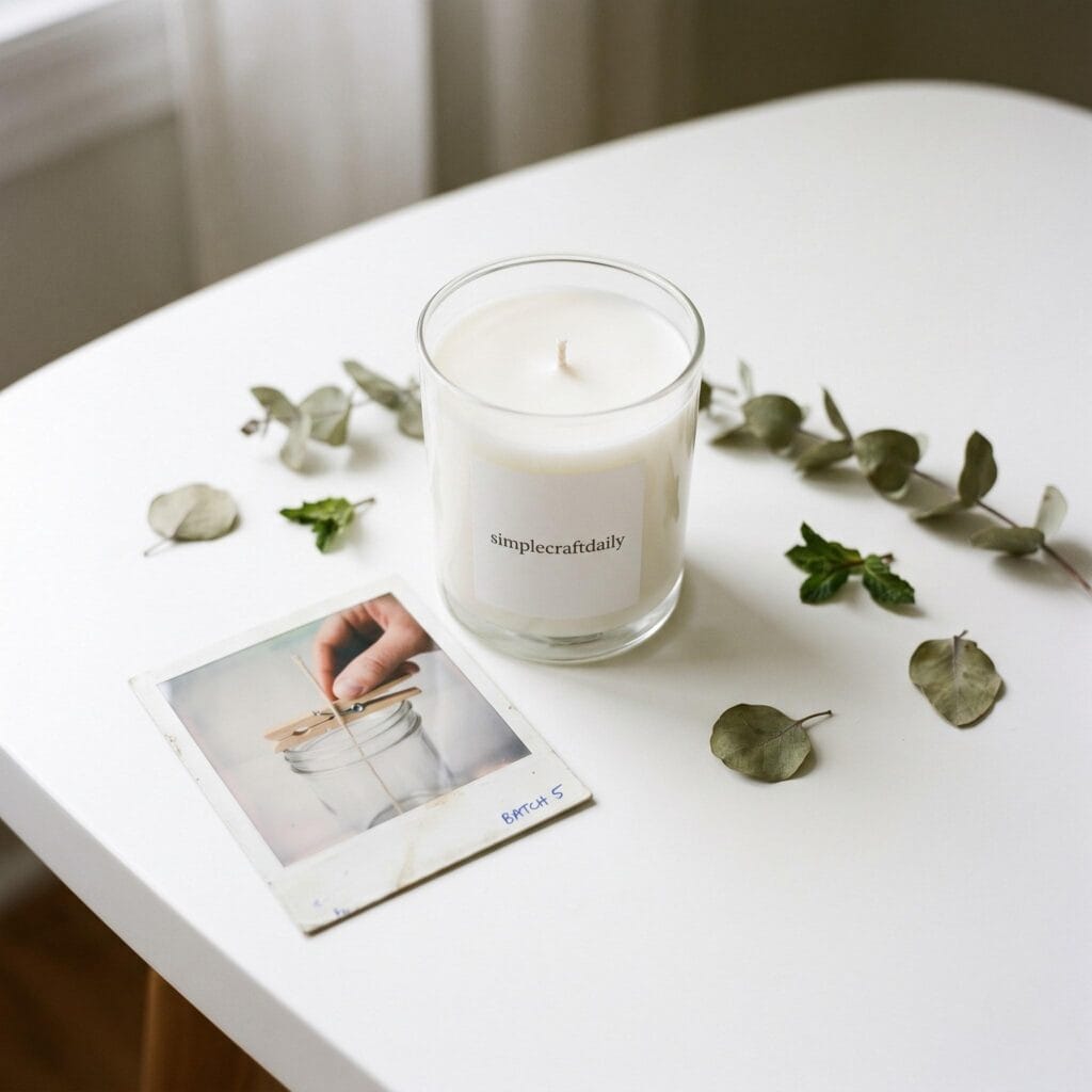 A pure white soy candle in a clear jar on a white table next to a polaroid showing a hand securing a cotton wick with a wooden clothespin before pouring.