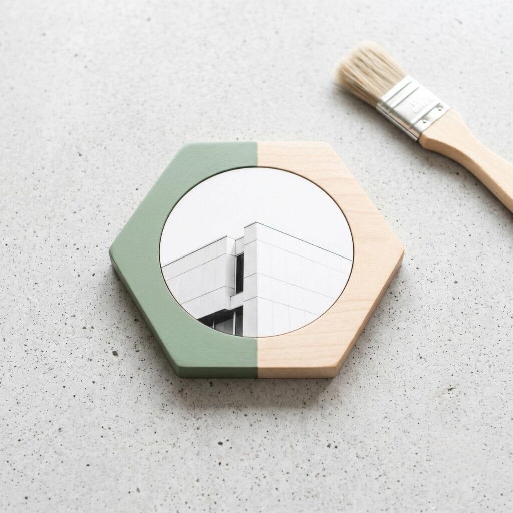 A hexagonal wooden coaster on a light grey concrete desk, featuring a center-transferred circular architecture photo and an outer rim painted half in matte sage green.
