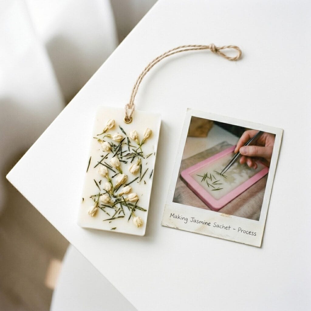 A delicate jasmine wax sachet on a white table next to a polaroid showing a hand arranging green tea needles inside a mold.
