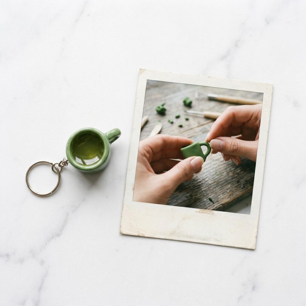 A miniature green clay matcha mug keychain with glossy resin inside on a white table next to a polaroid showing a hand sculpting a tiny handle.