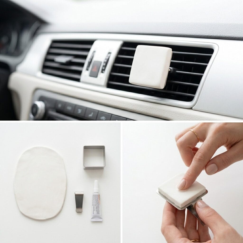 Geometric square white clay diffuser stone attached to a metal clip on a car air vent.