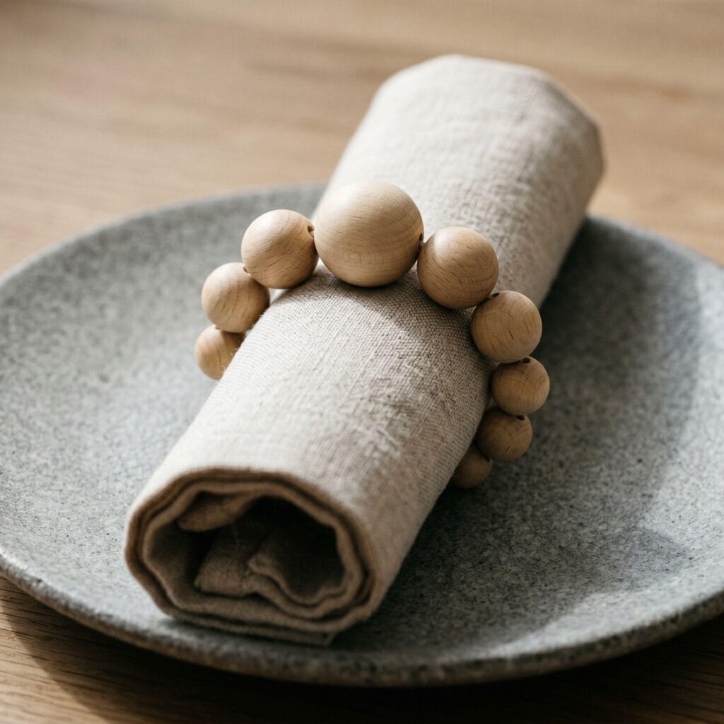 A completed wooden bead napkin ring showing a three-dimensional symmetrical size gradient of beads wrapping around a beige linen napkin.