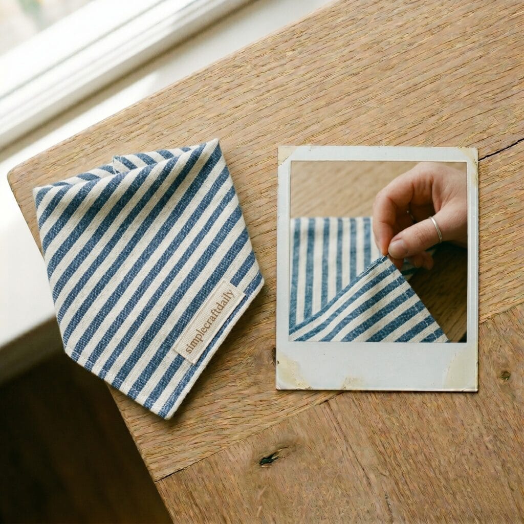 A blue and white striped cotton dog bandana with a simplecraftdaily tag next to a vintage polaroid showing a hand sewing a neat hem on the striped cloth.