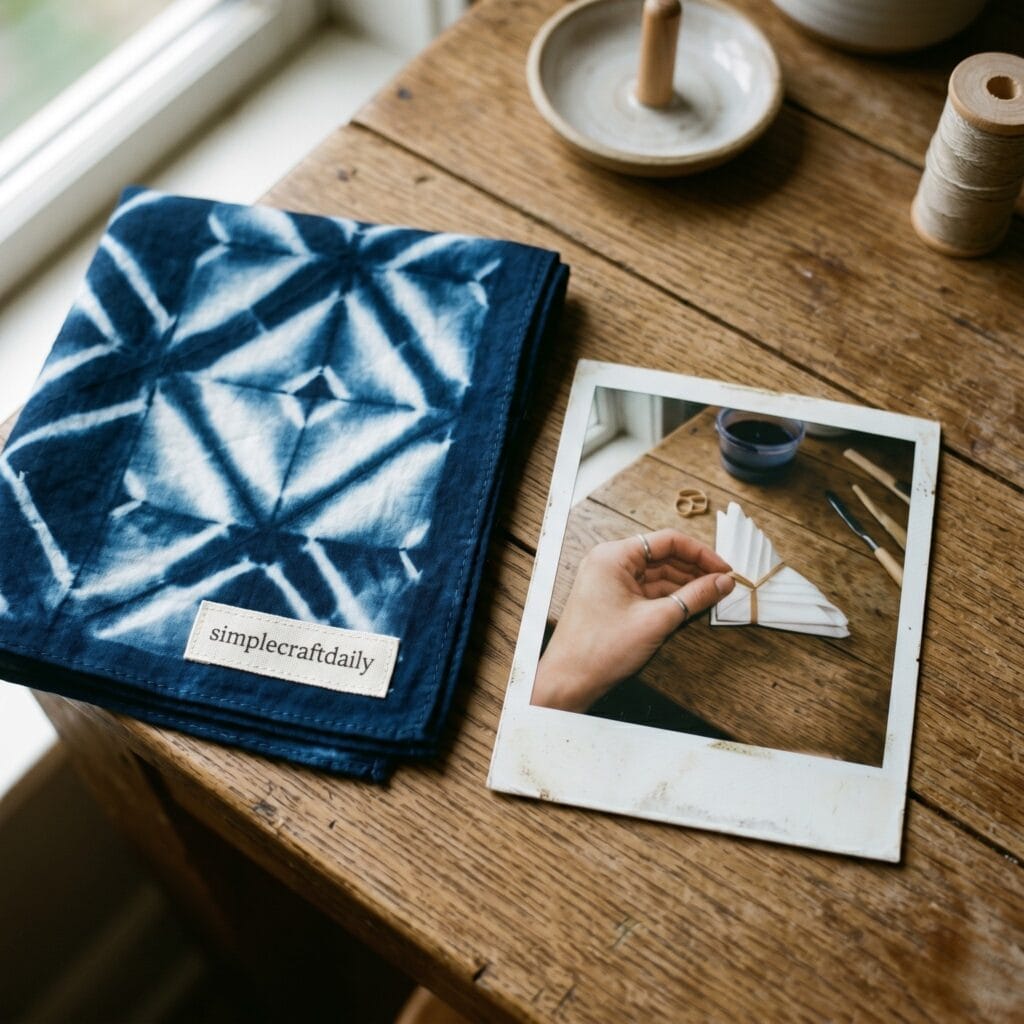 An indigo blue and white geometric Shibori silk bandana next to a polaroid photo capturing a single hand wrapping a rubber band around a folded triangle of white silk fabric.