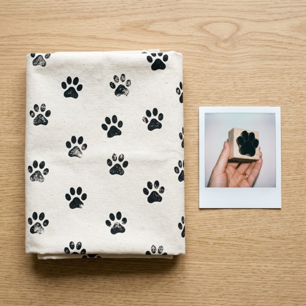A folded cream canvas toy storage basket covered in black stamped paw prints next to a vintage polaroid showing a hand holding a carved wooden stamp.