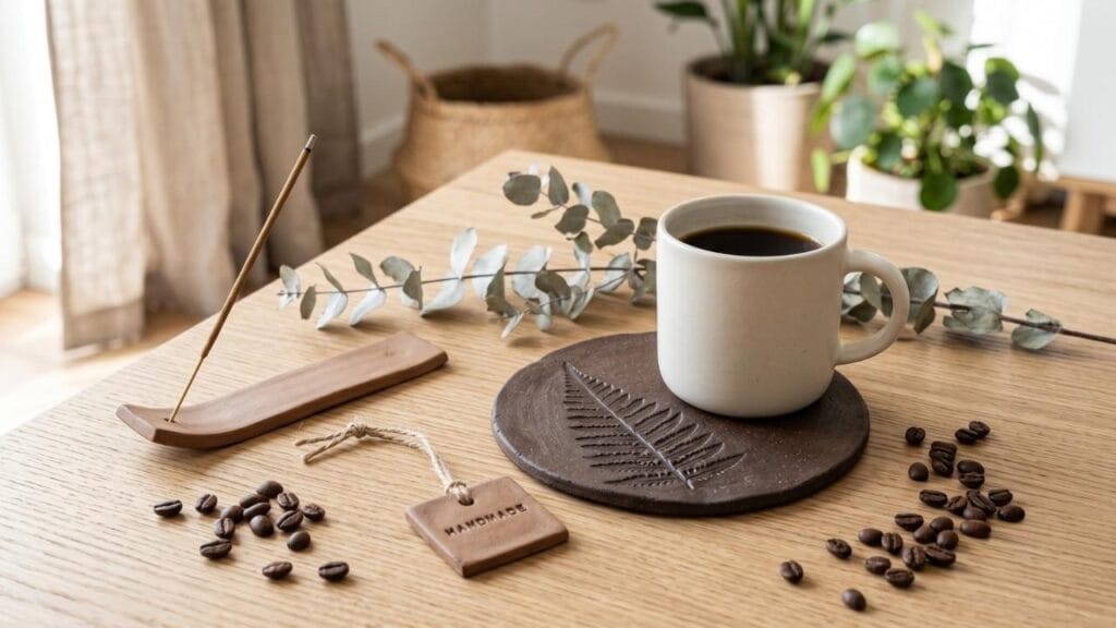 A stylized flat lay of finished coffee clay projects including a leaf imprint coaster, gift tags, and an incense holder. DIY coffee clay ideas.