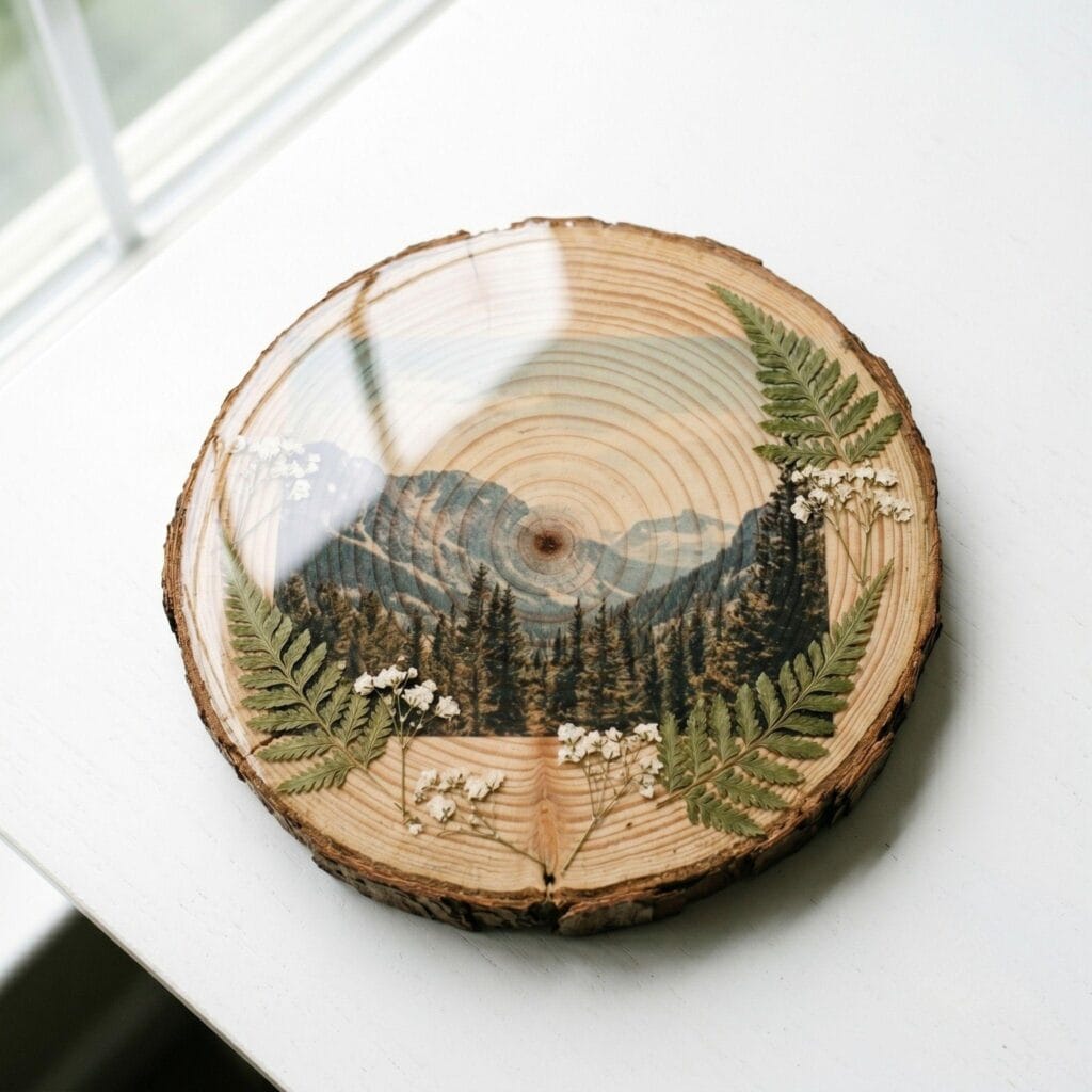 A raw wood slice coaster on a white desk with a faded landscape photo transfer, decorated with real pressed dried fern leaves and baby's breath under a glossy resin layer.