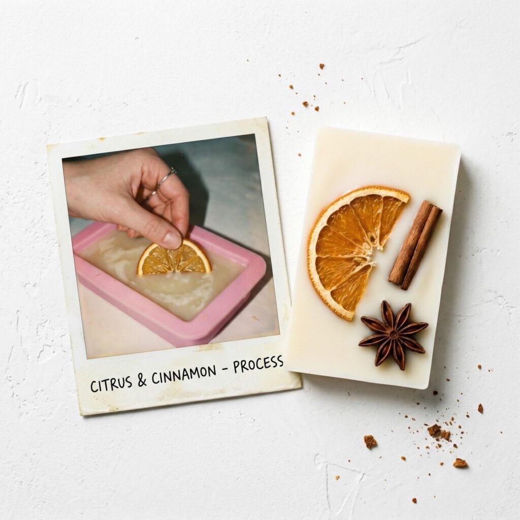 Holiday diy wax sachets with an orange slice on a white table next to a polaroid showing a hand pressing the slice into a mold.