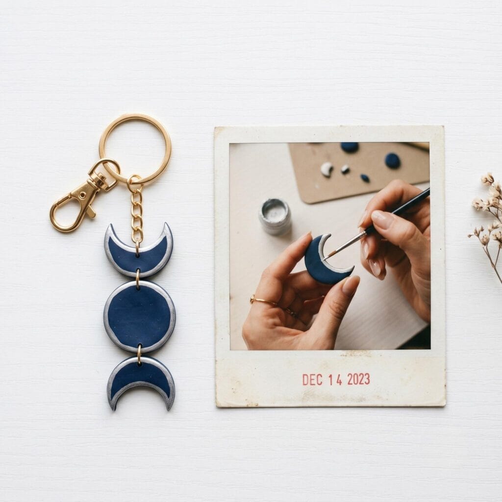 A navy blue moon phase trio clay keychain with silver leaf edges on a white table next to a polaroid showing a hand painting a clay moon.