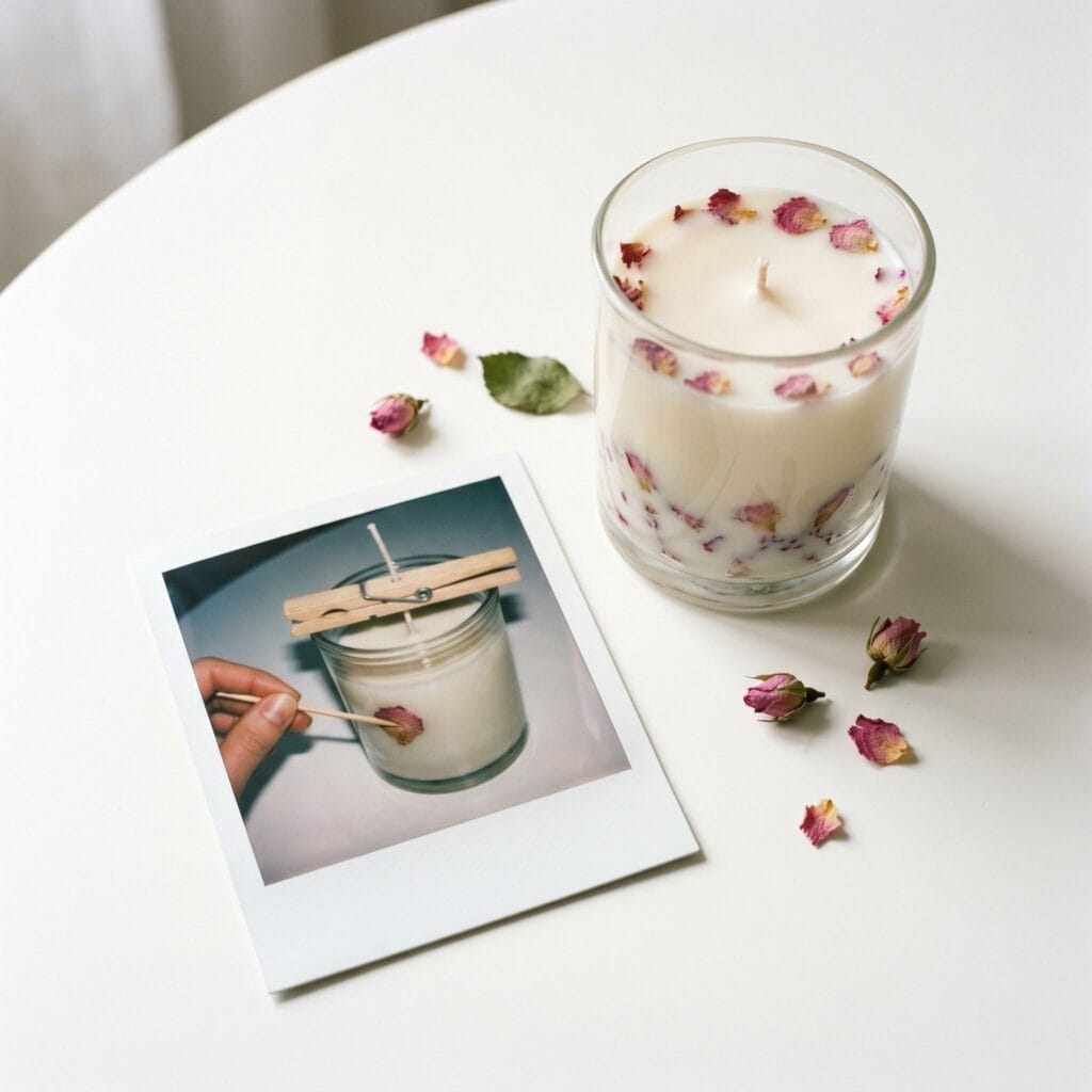 A soy candle with pressed rose petals on a white table next to a polaroid showing a hand pressing dried rose petals against the inner glass wall of a jar.