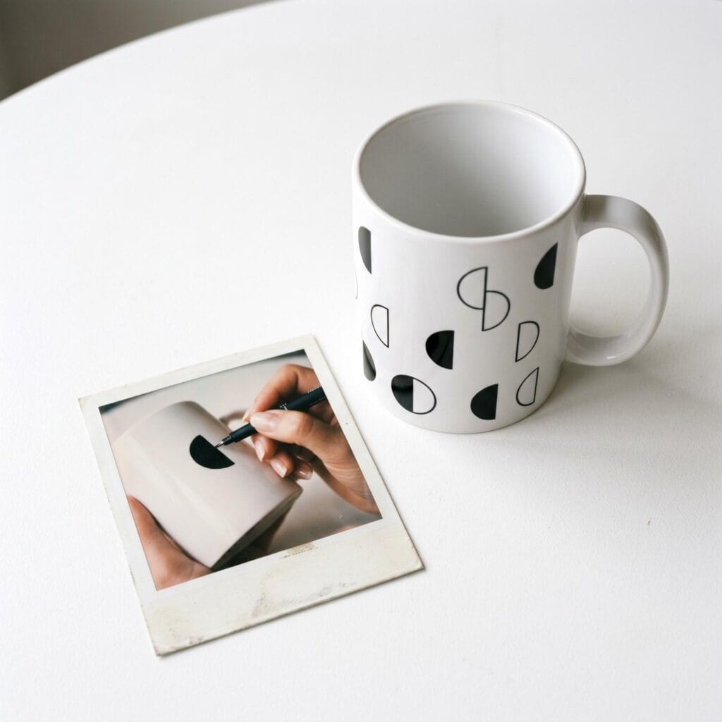 A white ceramic mug featuring scattered black geometric half-moons on a white table next to a polaroid showing a hand filling a moon shape.