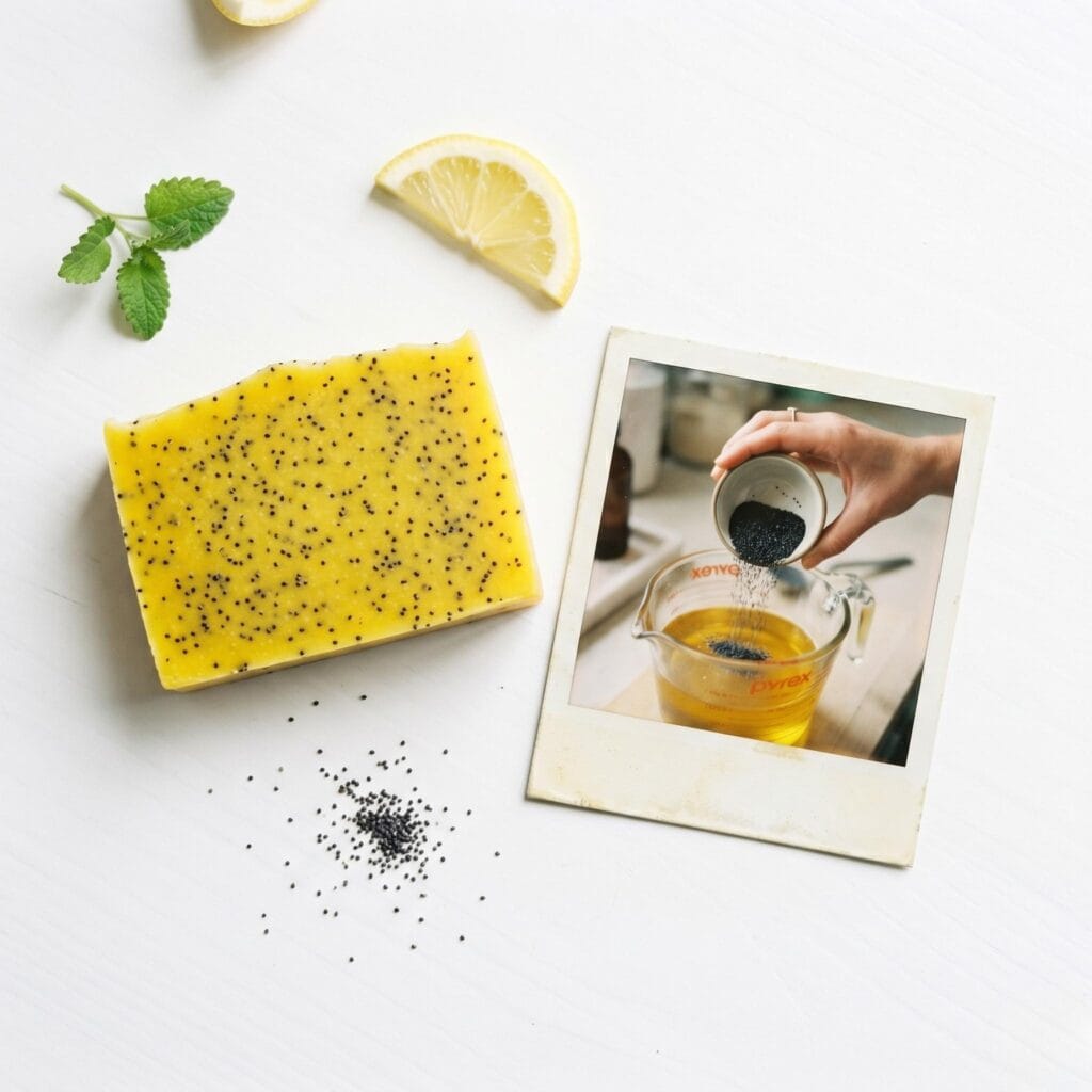 A bright yellow soap bar with black poppy seeds on a white table next to a polaroid showing a hand pouring poppy seeds into a yellow base.