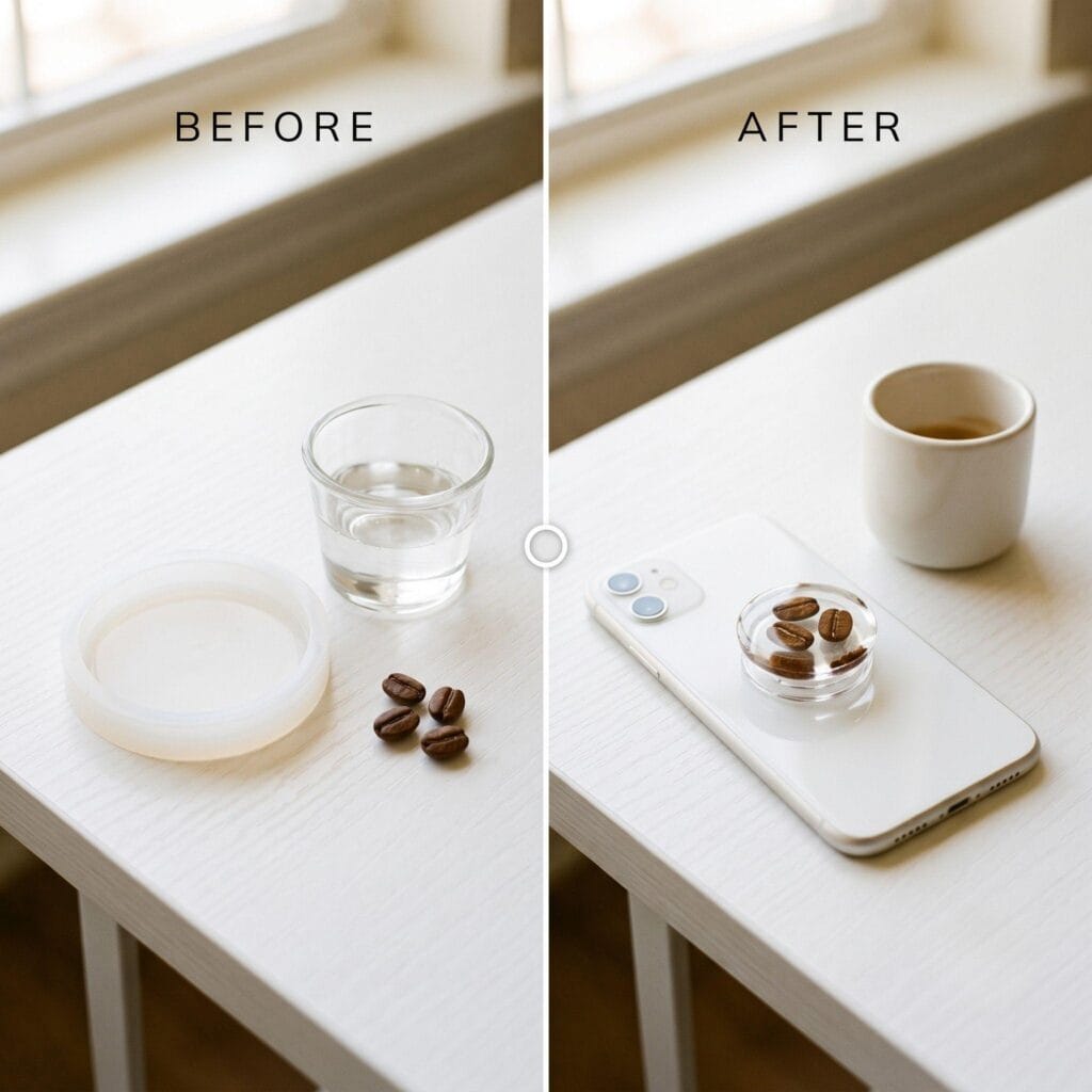 A split-screen before and after of a DIY resin phone grip, showing clear resin and three coffee beans on the left, and the finished crystal-clear coffee bean resin phone grip on a white phone on the right.