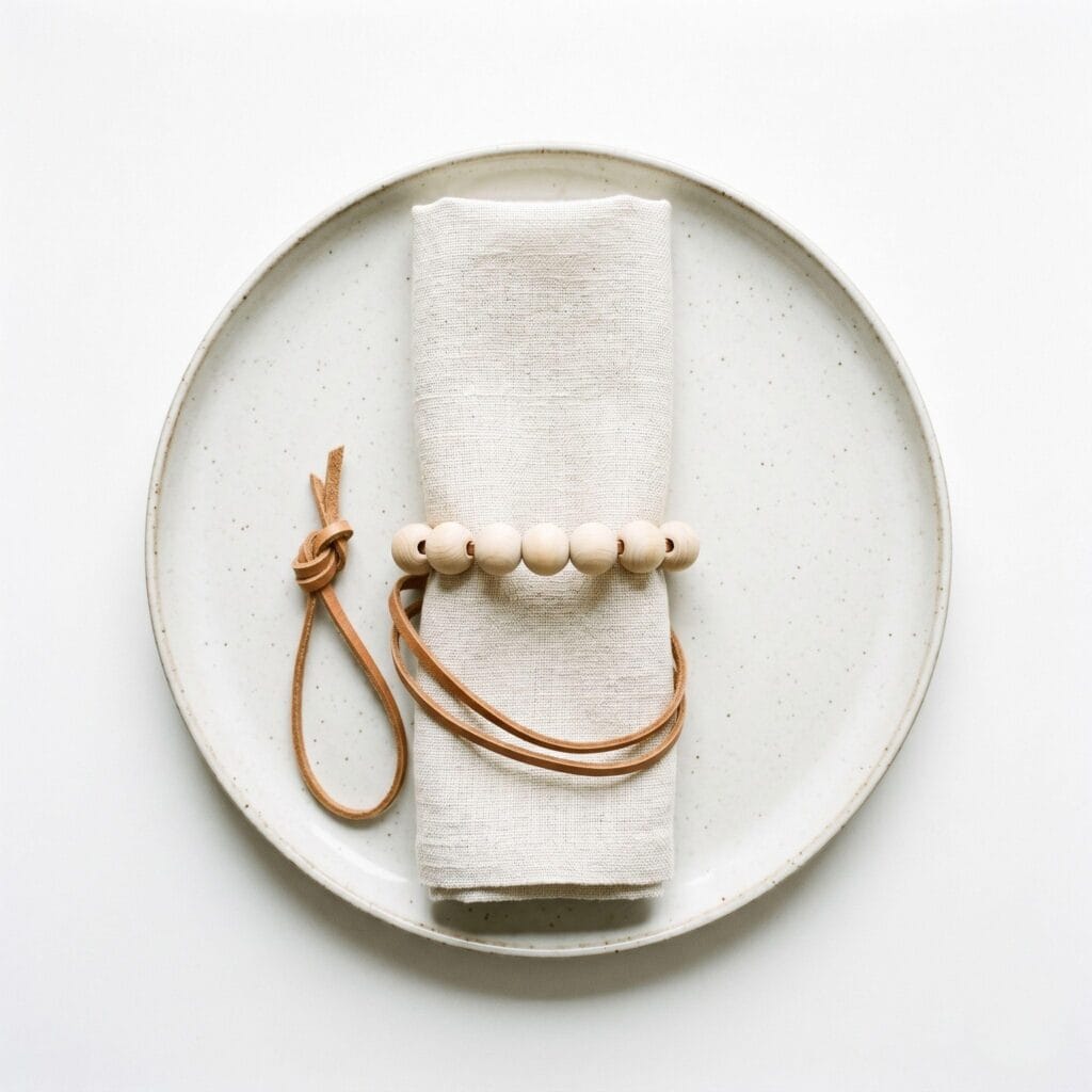 A premium wooden bead napkin ring featuring natural beads threaded onto a tan genuine leather cord with a secure knot, resting on high-end tableware.