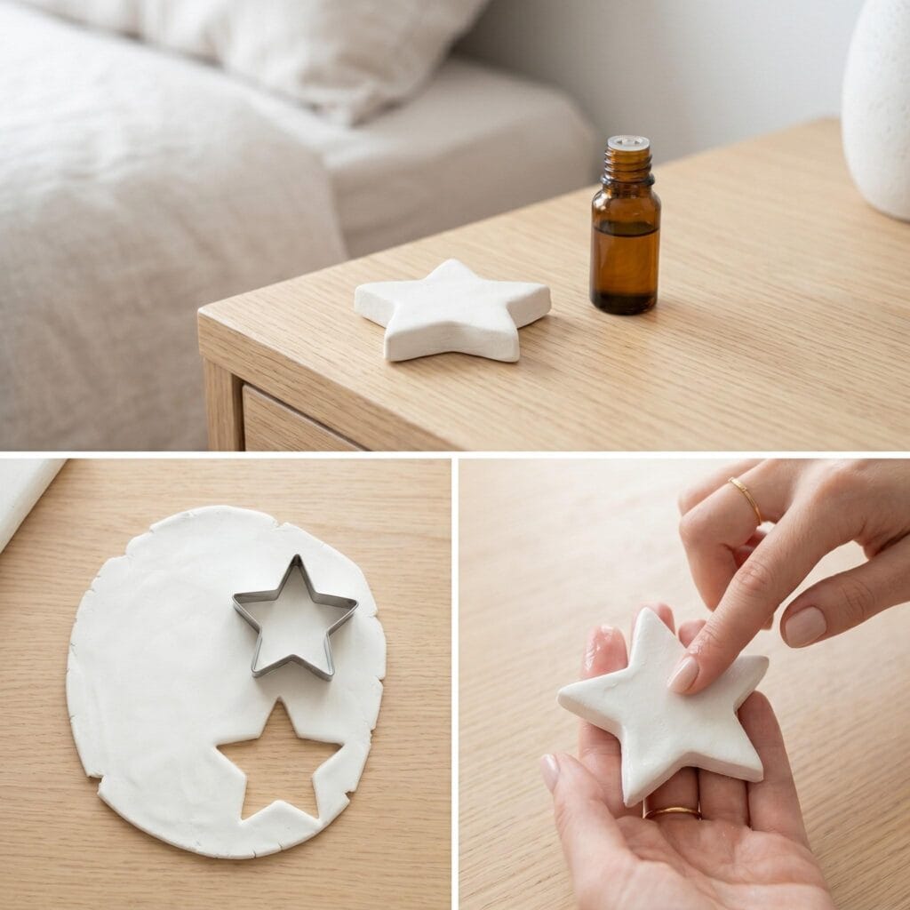 Star-shaped white air-dry clay diffuser stone resting on a light wooden nightstand next to essential oils.