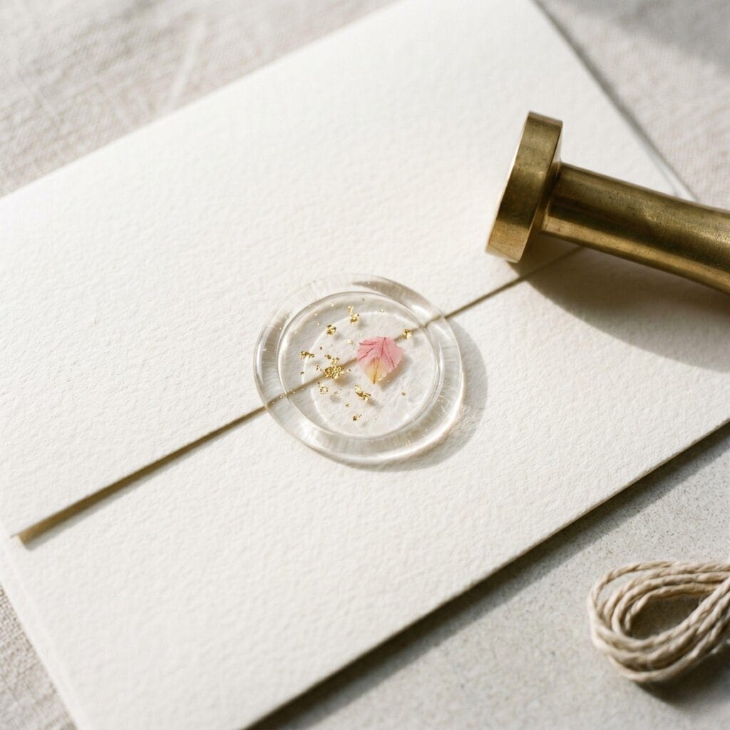 A highly modern translucent clear custom wax seal on a minimalist card, containing suspended gold foil and a tiny dried petal.