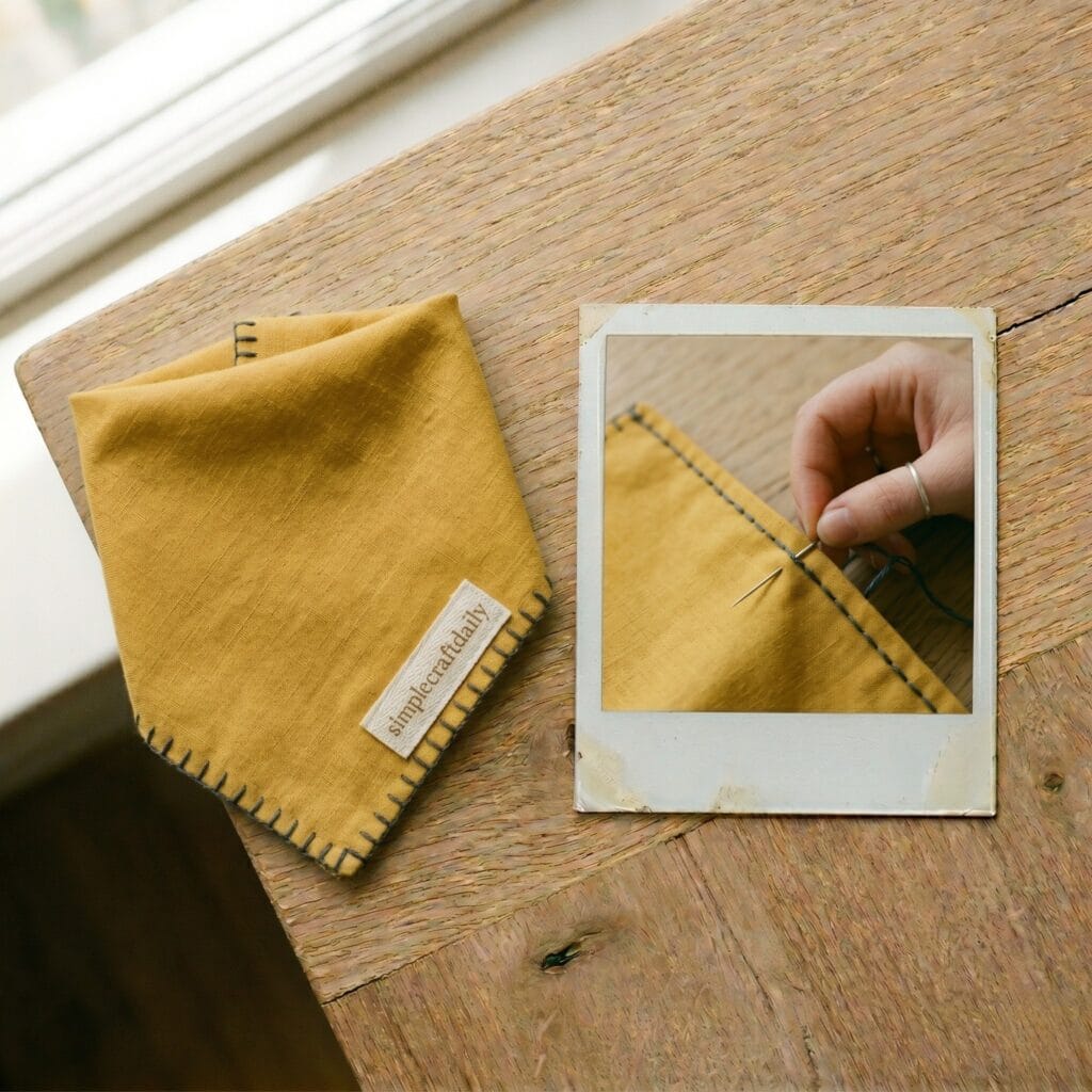 A mustard yellow cotton dog bandana with a stitched border pattern next to a polaroid photo capturing a hand embroidering dark thread into the fabric.