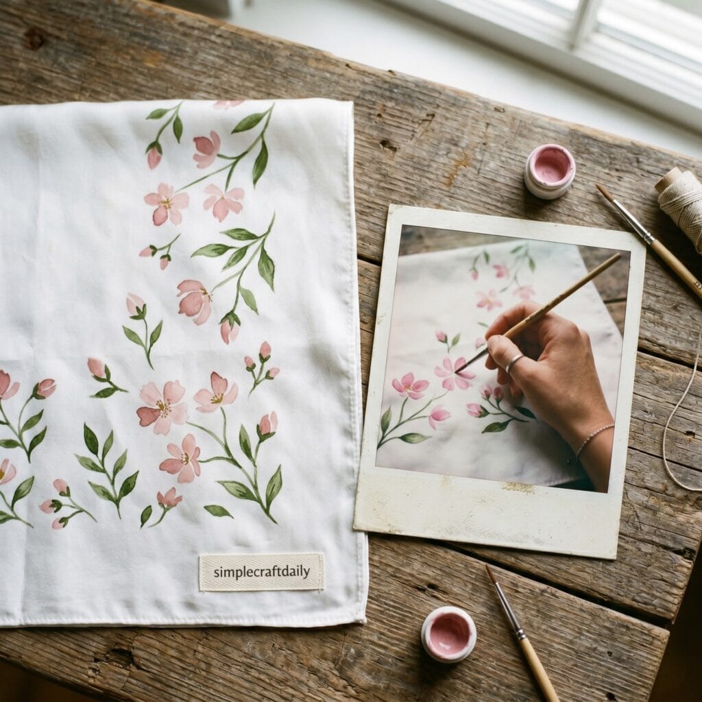 A white silk bandana with delicate hand-painted pink flowers next to a vintage polaroid photo showing a single hand holding a fine artist brush and painting petals.