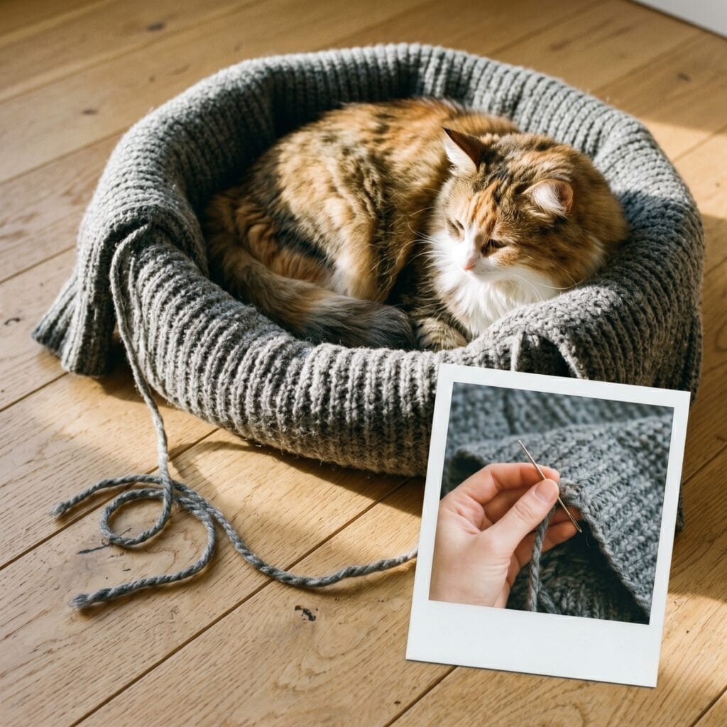 A fluffy long-haired cat resting inside a cozy pet bed made from an upcycled grey knitted sweater next to a polaroid showing a hand stitching fabric.